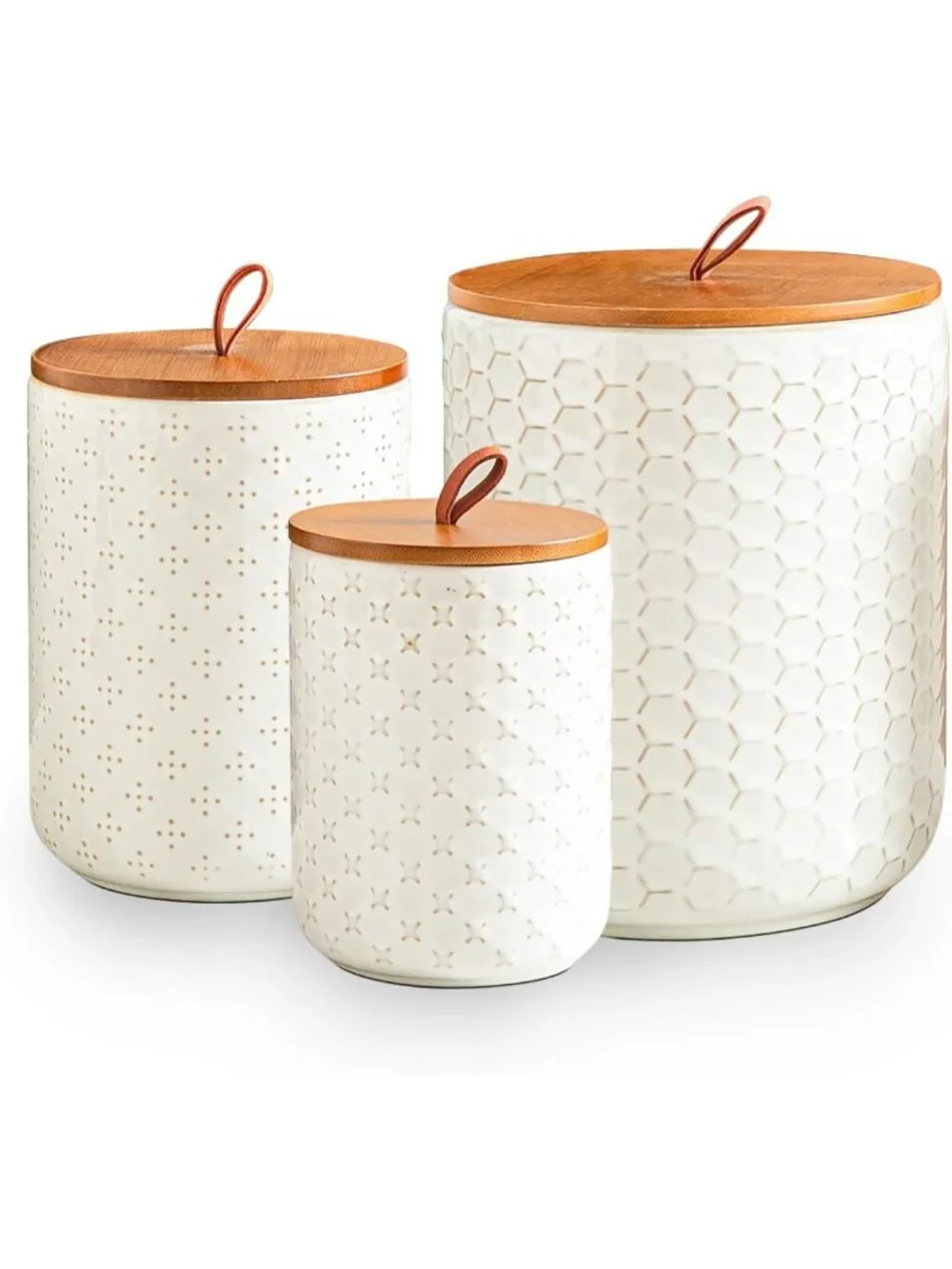 Airtight White Ceramic Canister Set with Wooden Lids - 3-Piece Kitchen Storage